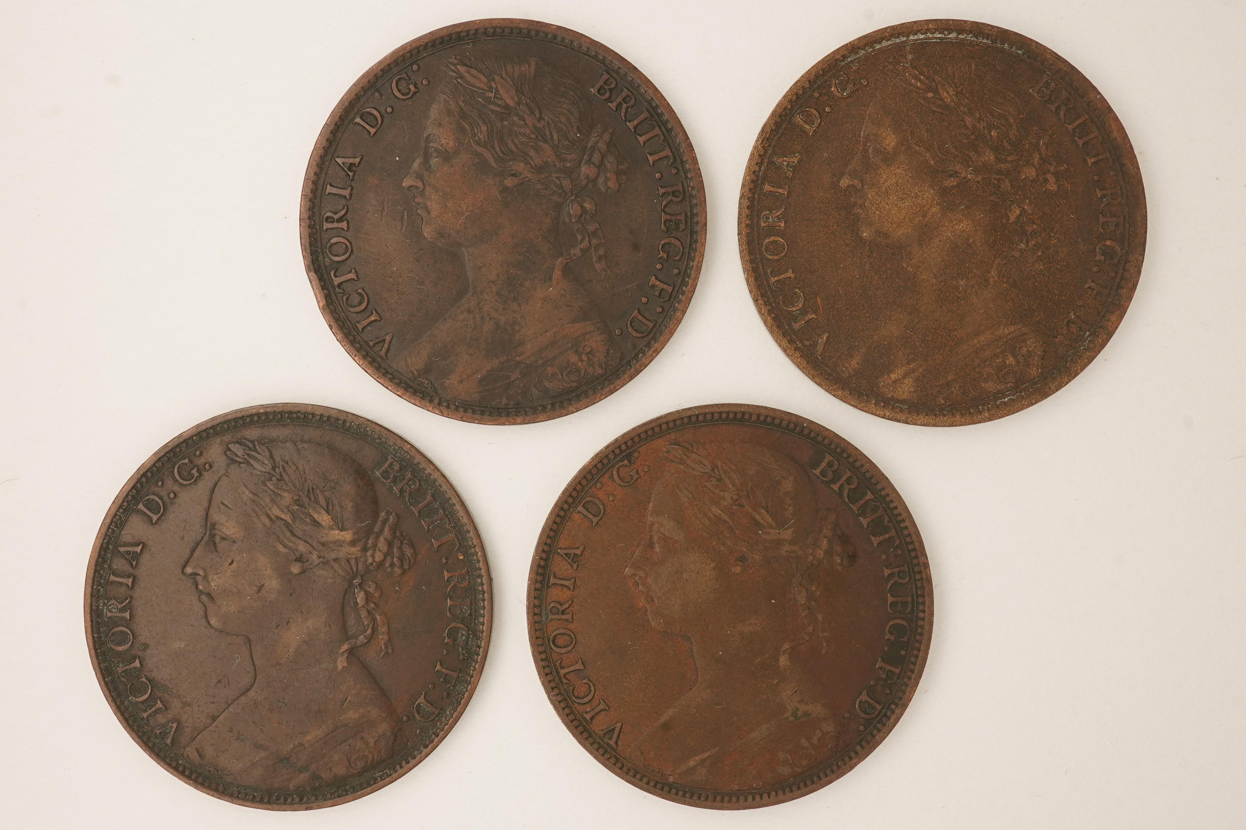 British coins, Victoria, four bronze pennies;, 1880, Fr. 99, Gouby dies M/k, good fine, 1881, Fr. 102, Gouby dies M/k, good fine, dark toned, 1886, Fr. 123, Gouby dies R/r, VF, dark toned, 1888, Fr. 126, Gouby dies R/r,